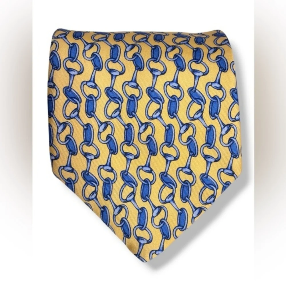 BROOKS BROTHERS Yellow Silk Tie Blue Horsebit Pattern100% silk